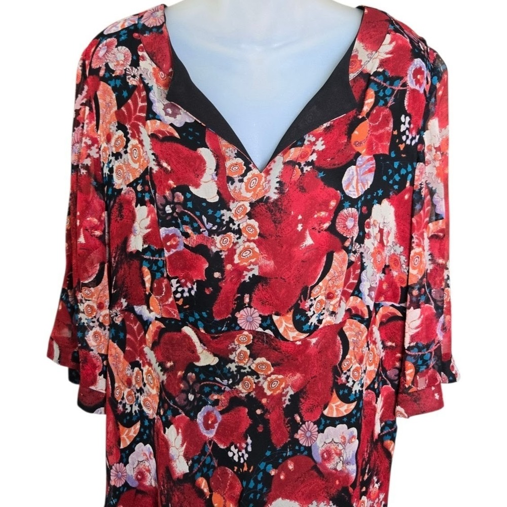 Avenue Womens Romantic Boho Silk Floral Tunic Top Size 14 16 Bell Sleeve Dainty - Picture 2 of 8